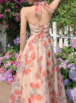 Resort Halter Neck Blurred Floral Maxi Dresses