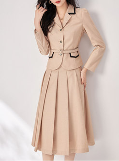 Shiny Contrasting With Belt Women Coats & Pleated Skirts