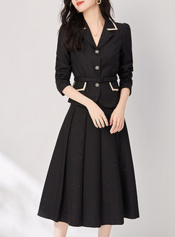 Shiny Contrasting With Belt Women Coats & Pleated Skirts