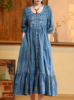Ethnic Embroidered Ruffle Hem Denim Dresses