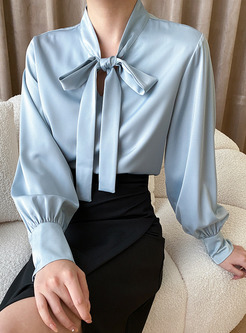Elegant Tie Neck Satin Women Blouses