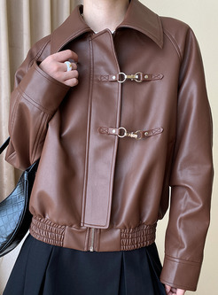 Oversized-Fit Metal Buckle Women Faux Leather Jackets