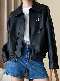 Oversized-Fit Metal Buckle Women Faux Leather Jackets