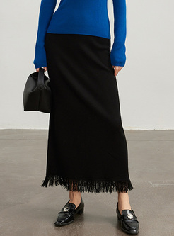 Classy Fringes Wool Knit Maxi Skirts