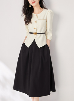 Work Metal Button With Belt Tops & Black Skirts