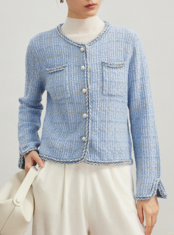 Warm Tweed Pearl Button Knitted Coats Women