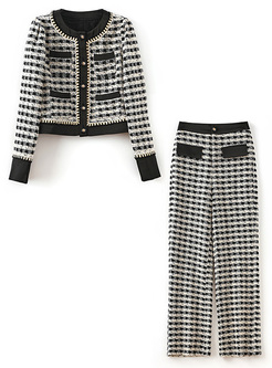 Elegant Houndstooth Contrasting Coats & Pants Women