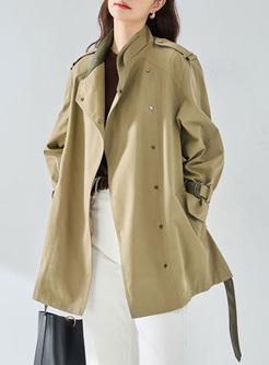 Mockneck Spliced PU Women Cropped Trench Coat