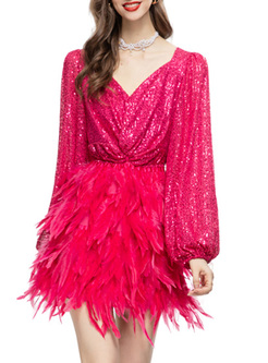 Shiny Sequined Patch Feathers Skater Dresses