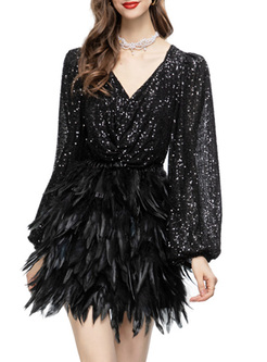 Shiny Sequined Patch Feathers Skater Dresses