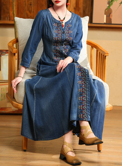 Ethnic Embroidered Long Sleeve Denim Dresses