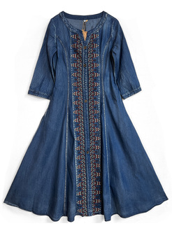 Ethnic Embroidered Long Sleeve Denim Dresses