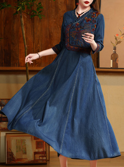 Vintage Embroidered 3/4 Sleeve Denim Dresses