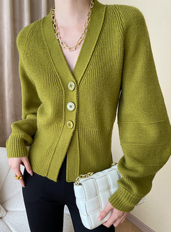 Avocado Color V-Neck Women Knit Cardigan