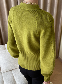 Avocado Color V-Neck Women Knit Cardigan