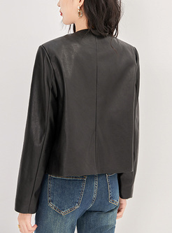Metal Button Women Faux Leather Jackets