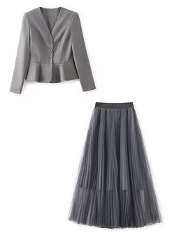New V-Neck Blazers & Mesh Pleated Skirts