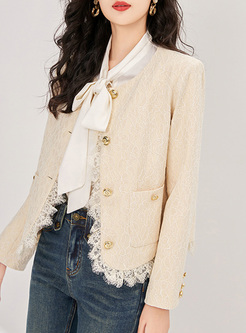 Textured Lace-Trimmed Metal Button Women Coats
