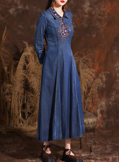 Ethnic Embroidered Long Denim Dresses