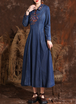 Ethnic Embroidered Long Denim Dresses