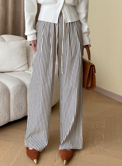 Fashion Striped Drawcord Women Pants