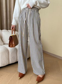 Fashion Striped Drawcord Women Pants