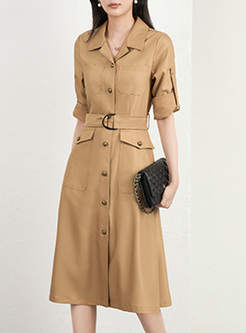 Business Metal Button Rolled Sleeve Dresses