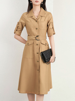 Business Metal Button Rolled Sleeve Dresses