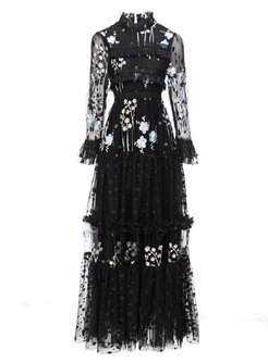 Court Mesh Embroidered Long Dresses