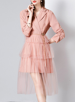Hot Notched Collar Mesh Layered Dresses