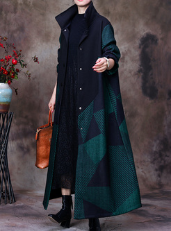 New Wool Plaid Mockneck Long Coats Women