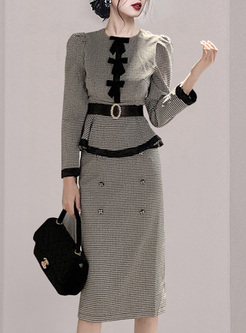 Commuter Bowknot Houndstooth Tops & Skirts