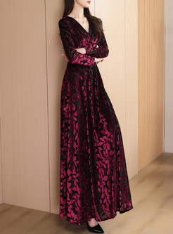 Hot Velvet Printing Big Hem Maxi Dresses