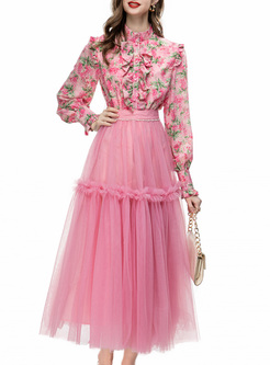Court Floral Purfle Blouse & Mesh Skirts
