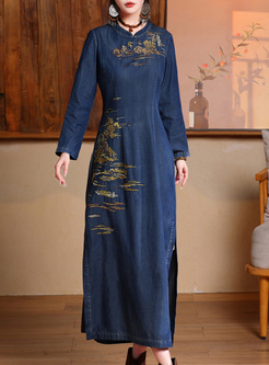Retro Embroidered Denim Cheongsam Style Dresses