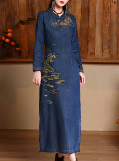 Retro Embroidered Denim Cheongsam Style Dresses
