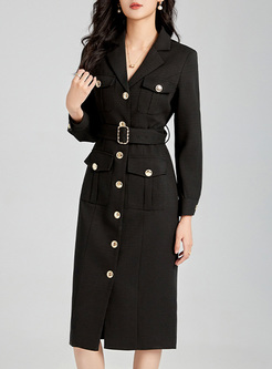 Office Metal Button Notched Collar Dresses