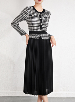 Elegant Houndstooth Patch Pleated Dresses
