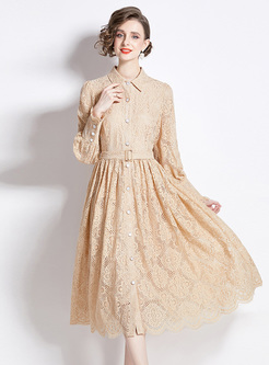 Classy Turn-Down Collar Lace Skater Dresses