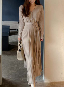 Classy Long Sleeve Tie Knitted Pleated Dresses