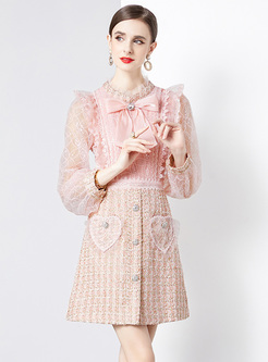 Cute Bow Neck Sequins Tweed Dresses