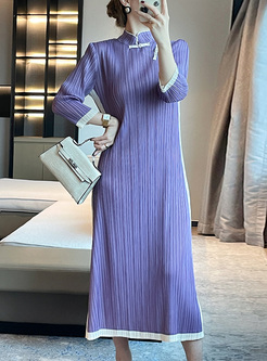 Retro Smocked Contrasting Cheongsam Dresses