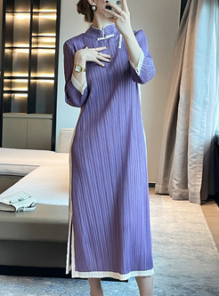 Retro Smocked Contrasting Cheongsam Dresses