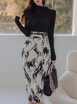 Elegant Knitted Tops & Printed Tight Skirts