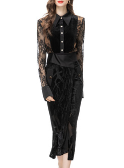 Sexy Turn-Down Collar Lace Blouses & Skirts