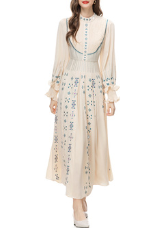Pastoral Embroidered Shirred Long Dresses