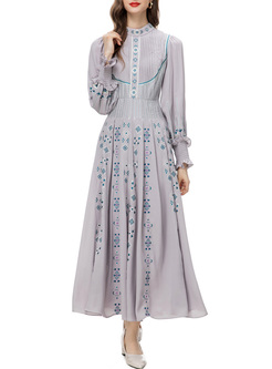 Pastoral Embroidered Shirred Long Dresses