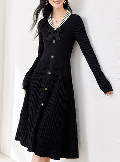 New Striped Collar Bowknot Knitted Dresses