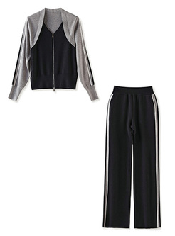 Relaxed Contrasting Zipped Knitted Tops & Pants