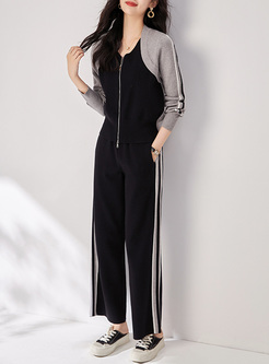 Relaxed Contrasting Zipped Knitted Tops & Pants